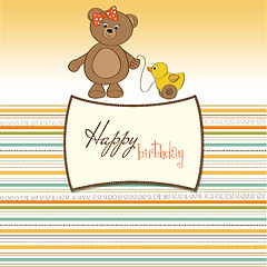 Image showing welcome baby card with girl teddy bear and her duck