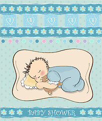 Image showing baby shower card with little baby boy sleep with his teddy bear 