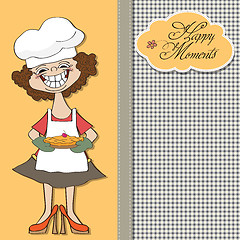 Image showing birthday greeting card with funny woman and pie