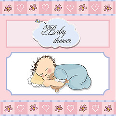 Image showing baby shower card with little baby boy sleep with his teddy bear 