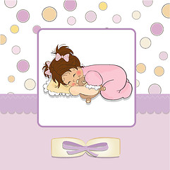 Image showing baby shower card with little baby girl play with her teddy bear 