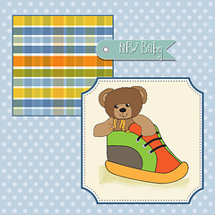 Image showing baby shower card with teddy bear hidden in a shoe