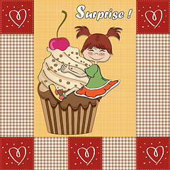 Image showing birthday card with funny girl perched on cupcake