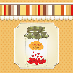 Image showing Thank you greeting card with hearts plugged into the jar