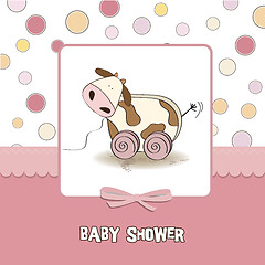 Image showing Baby shower card with cute cow toy