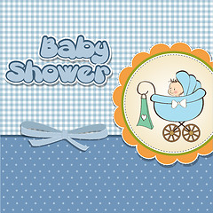 Image showing baby boy announcement card with baby and pram