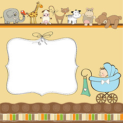 Image showing new baby boy announcement card with pram