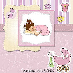 Image showing baby shower card with little baby girl play with her teddy bear 