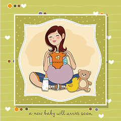 Image showing happy pregnant woman, baby shower card