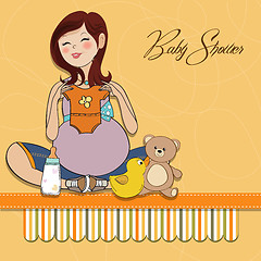 Image showing happy pregnant woman, baby shower card