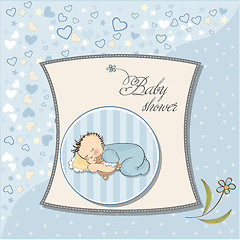 Image showing baby shower card with little baby boy sleep with his teddy bear 