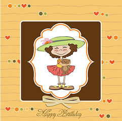 Image showing cute birthday greeting card with girl and her teddy bear