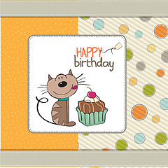 Image showing birthday greeting card with a cat waiting to eat a cake