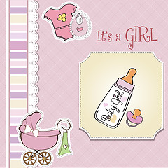 Image showing new baby girl announcement card with milk bottle and pacifier