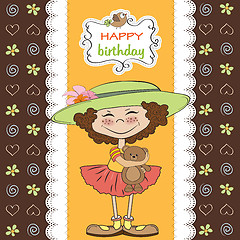 Image showing cute birthday greeting card with girl and her teddy bear