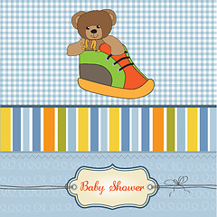 Image showing baby shower card with teddy bear hidden in a shoe