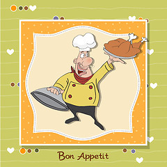 Image showing funny cartoon chef with tray of food in hand