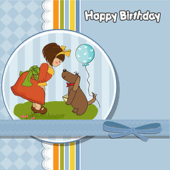 Image showing young girl and her dog in a wonderful birthday greeting card