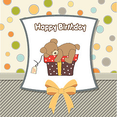 Image showing birthday greeting card with teddy bear and big gift box