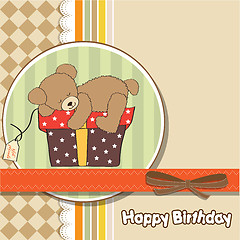 Image showing birthday greeting card with teddy bear and big gift box