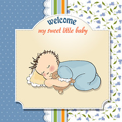 Image showing baby shower card with little baby boy sleep with his teddy bear 