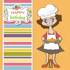 Image showing birthday greeting card with funny woman and pie