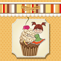 Image showing birthday card with funny girl perched on cupcake