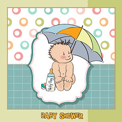 Image showing baby boy shower card with funny baby under his umbrella