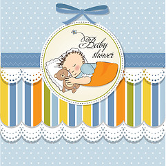 Image showing baby shower card with little baby boy sleep with his teddy bear 