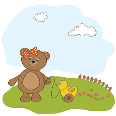 Image showing welcome baby card with girl teddy bear and her duck