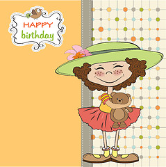 Image showing cute birthday greeting card with girl and her teddy bear