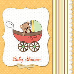 Image showing funny teddy bear in stroller, baby announcement card