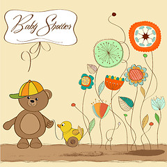 Image showing baby shower card with teddy bear toy