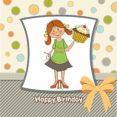 Image showing birthday greeting card with girl and big cupcake