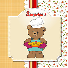 Image showing teddy bear with pie. birthday greeting card