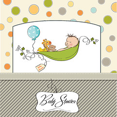 Image showing little boy sleeping in a pea been, baby announcement card