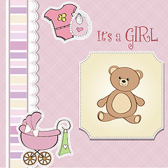 Image showing romantic baby girl announcement card with teddy bear