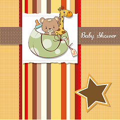 Image showing new baby announcement card with bag and same toys