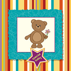 Image showing baby announcement card with teddy bear and flower
