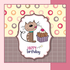 Image showing birthday greeting card with a cat waiting to eat a cake