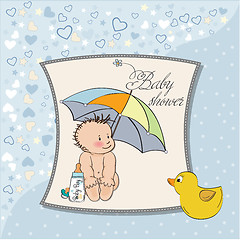 Image showing baby boy shower card with funny baby under his umbrella