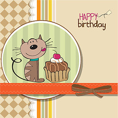 Image showing birthday greeting card with a cat waiting to eat a cake