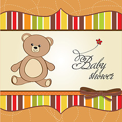 Image showing baby shower card with teddy bear toy