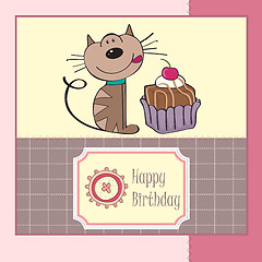 Image showing birthday greeting card with a cat waiting to eat a cake