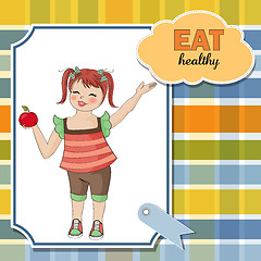 Image showing pretty young girl recommends healthy food