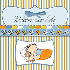 Image showing baby shower card with little baby boy sleep with his teddy bear 