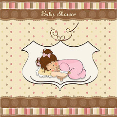 Image showing baby shower card with little baby girl play with her teddy bear 