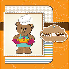 Image showing teddy bear with pie. birthday greeting card