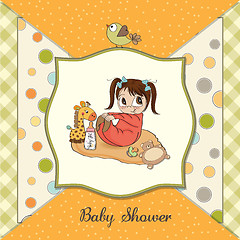 Image showing little baby girl play with her toys. baby shower card