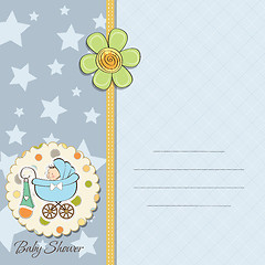 Image showing baby boy announcement card with baby and pram